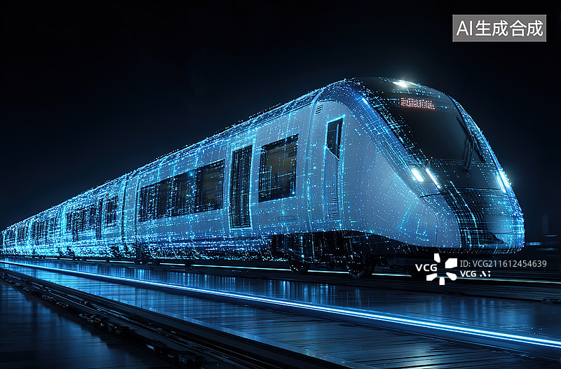 【AI数字艺术】夜景中发光的现代列车图片素材