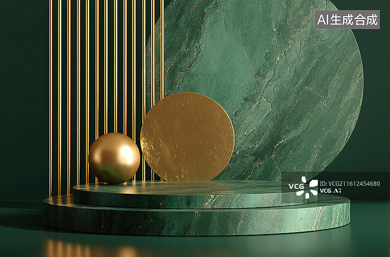 【AI数字艺术】绿色大理石与金色几何造型图片素材