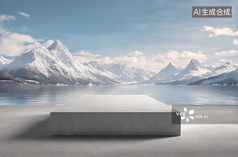 【AI数字艺术】雪山湖畔的混凝土平台图片素材
