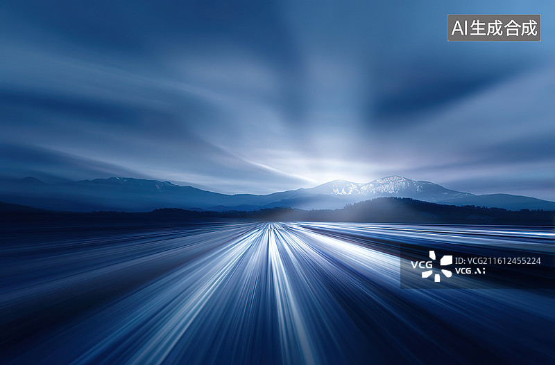 【AI数字艺术】夜幕下的光路与山脉图片素材