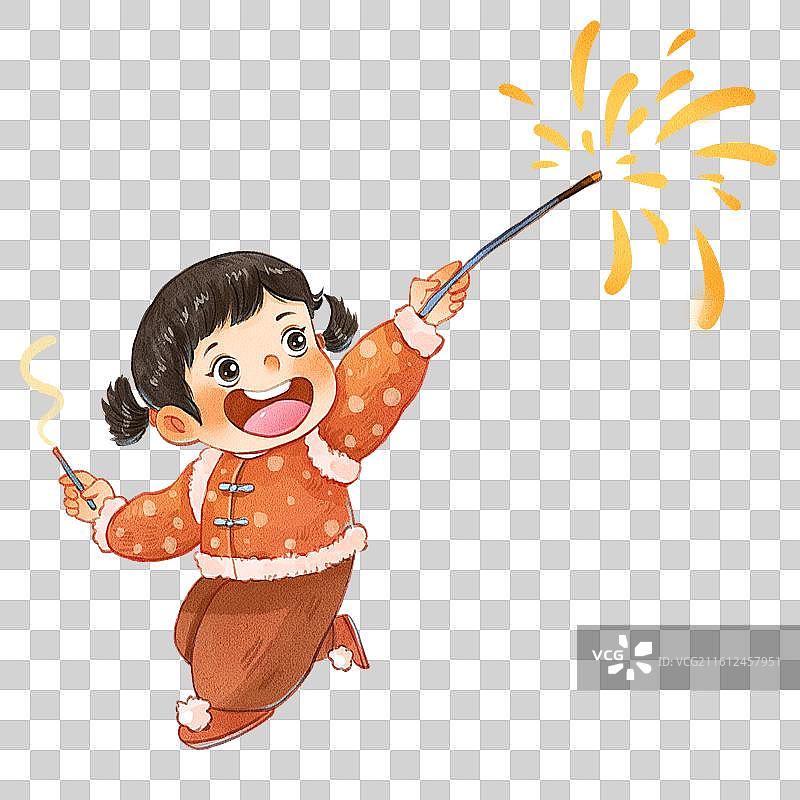 手绘水彩女孩放烟花可爱免抠元素图片素材