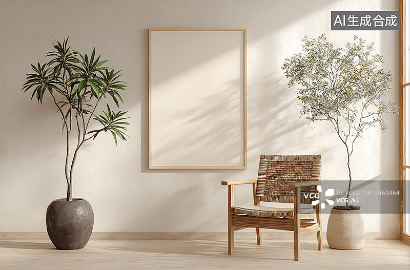 【AI数字艺术】简约室内绿植与藤椅图片素材