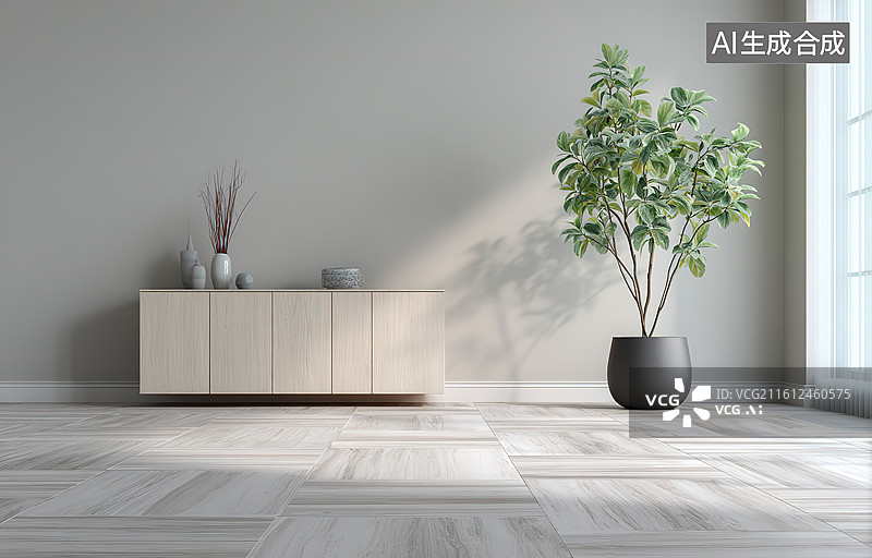 【AI数字艺术】简约室内绿植与柜体图片素材