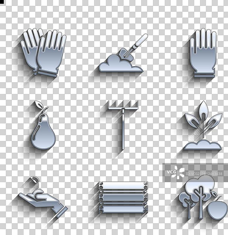 一套花园耙子、木箱和苹果树植物图片素材