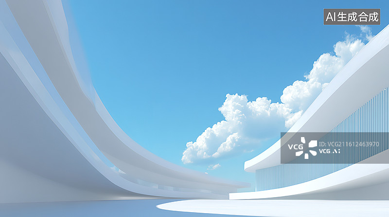 【AI数字艺术】未来感白色建筑与蓝天白云图片素材