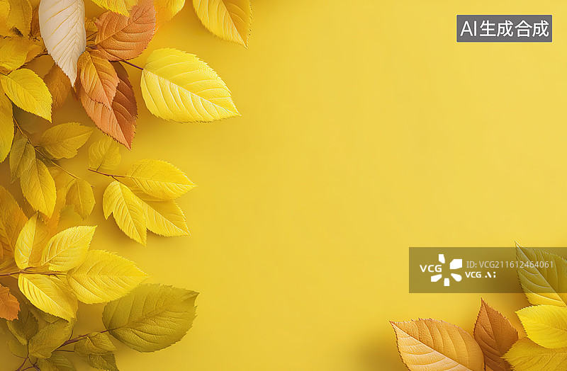 【AI数字艺术】秋叶点缀的黄色背景图片素材