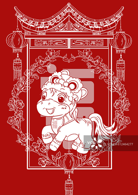 马年剪纸插画图片素材