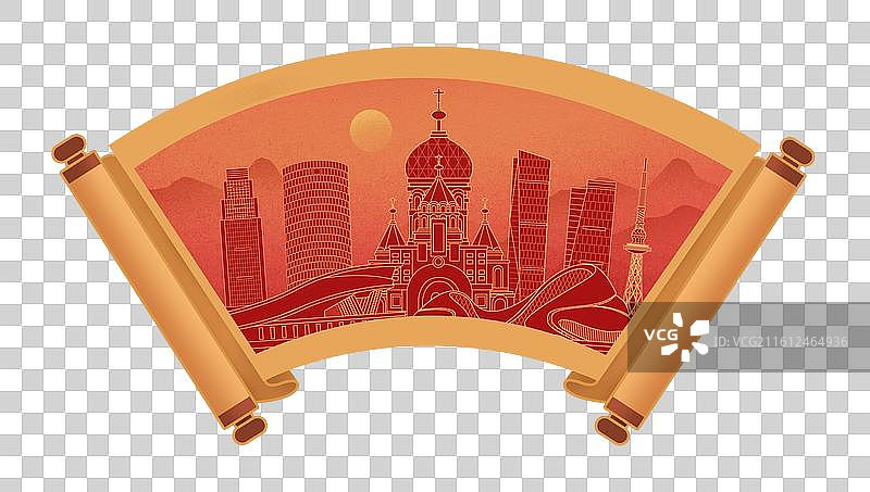 哈尔滨中国风画卷古典卷轴书卷手绘城市建筑图片素材