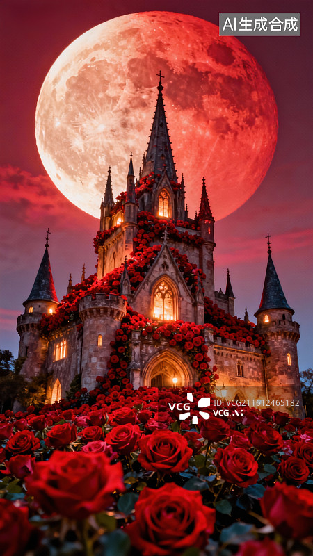 【AI数字艺术】红月下的玫瑰城堡图片素材