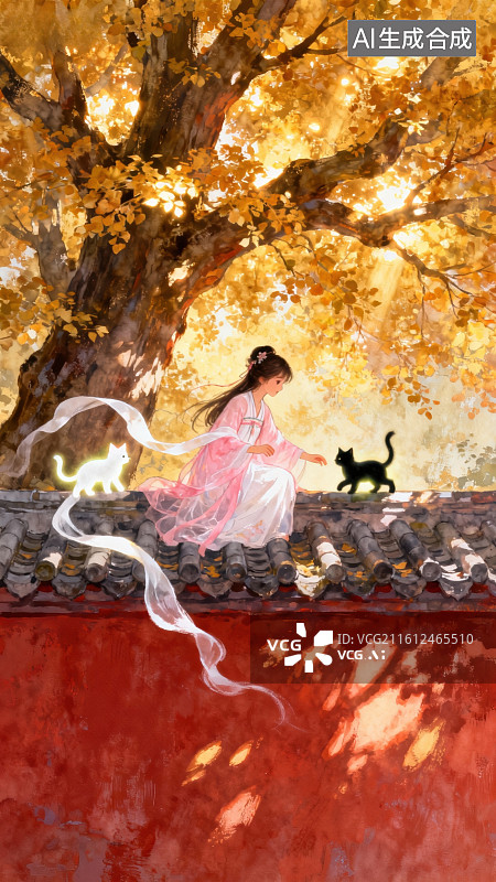 【AI数字艺术】女子与猫在秋树下图片素材