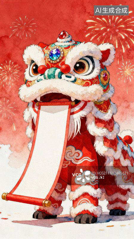 【AI数字艺术】舞狮持卷庆贺新春图片素材