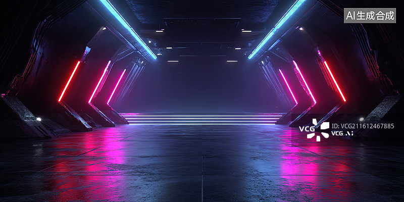 【AI数字艺术】科幻隧道霓虹光影图片素材