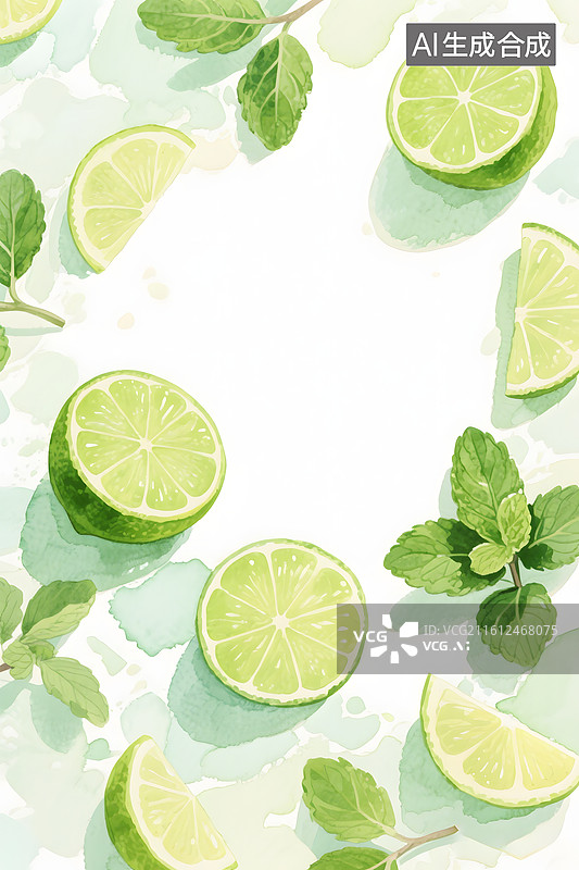 【AI数字艺术】手绘夏日青柠薄荷清爽白色背景图片素材