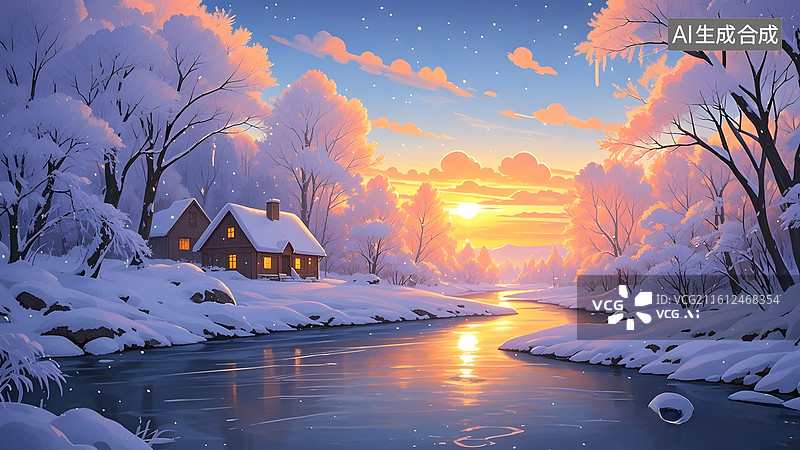 【AI数字艺术】雪景木屋山水风光,河流,雪景图片素材