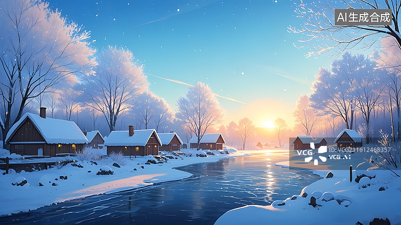 【AI数字艺术】雪景木屋山水风光,河流,雪景图片素材