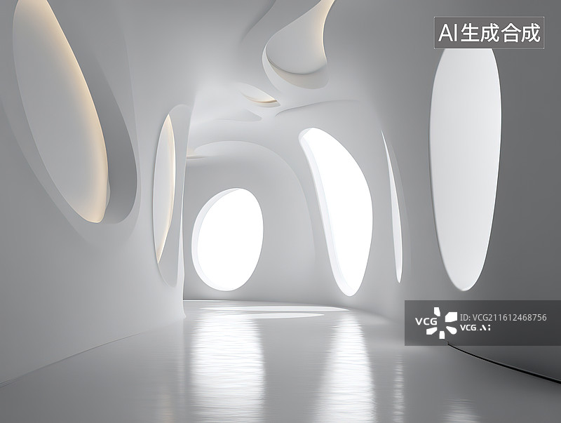 【AI数字艺术】白色曲线隧道光影空间图片素材