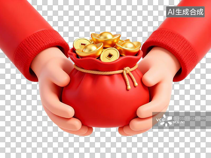 【AI数字艺术】3D免抠元素，一双张开的手掌，上面一个红色福袋，福袋装满金元宝图片素材