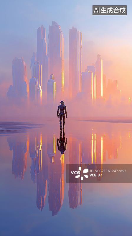 【AI数字艺术】水面上远望未来城市建筑的小机器人3D科幻立体插画图片素材