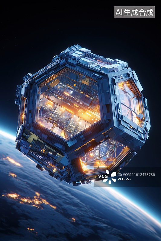 【AI数字艺术】黑色太空巨大星球上空飘浮的科幻球形空间站图片素材