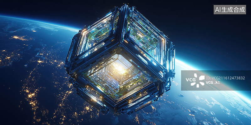 【AI数字艺术】黑色太空巨大星球上空飘浮的科幻球形空间站图片素材