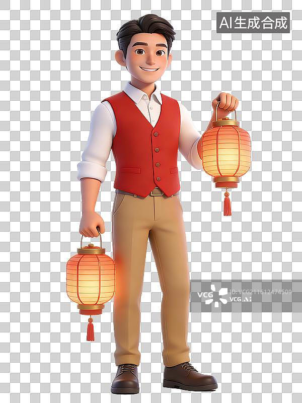 【AI数字艺术】年轻男性面带微笑手持灯笼，穿着红马甲、白衬衫和卡其裤，节日装扮图片素材