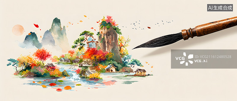 【AI数字艺术】毛笔绘山水田园图景图片素材