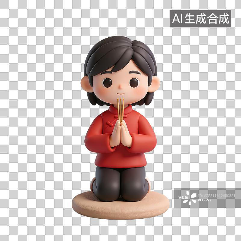 【AI数字艺术】3D立体女孩手持三炷香跪在蒲团上祭拜祖先神明元素图片素材