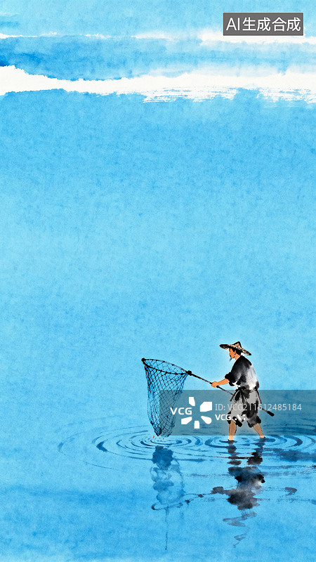 【AI数字艺术】渔夫戴着斗笠拿着网兜站在水中捕鱼淡彩水墨插画图片素材
