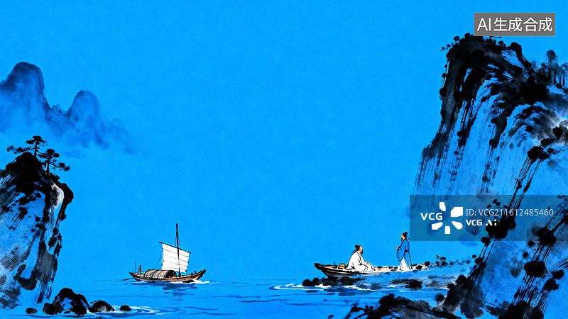 【AI数字艺术】水面上两只小船两位诗人在欣赏大好河山树木风景插画图片素材
