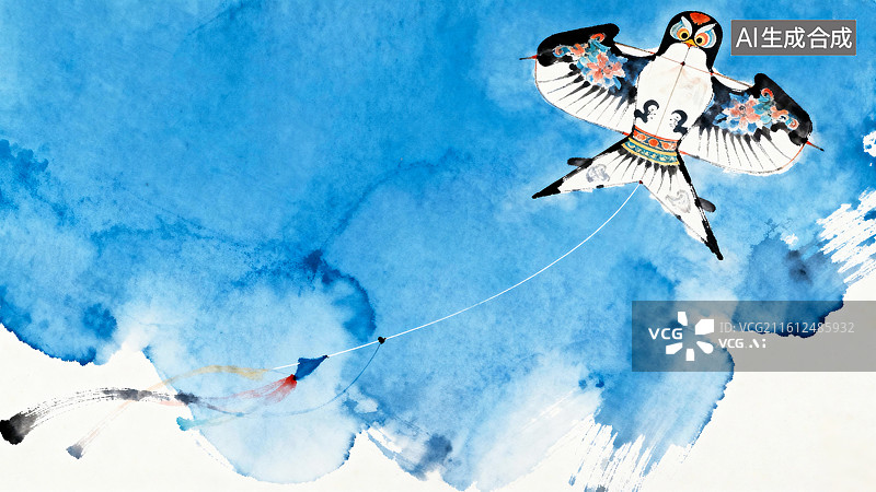 【AI数字艺术】一只可爱的猫头鹰风筝飞到空中淡彩水墨插画图片素材