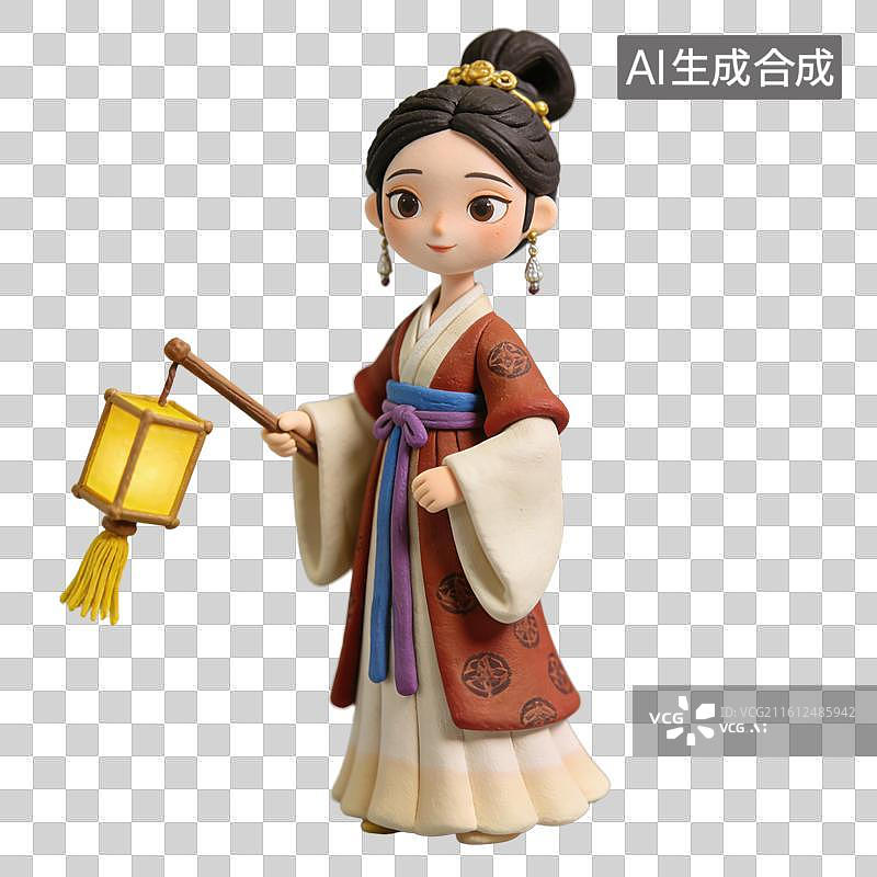【AI数字艺术】3D立体女子穿着中式服装拿着灯笼元素图片素材