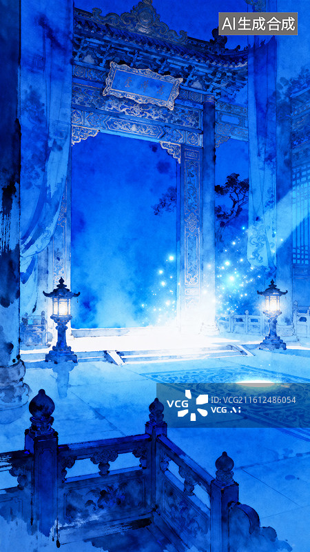 【AI数字艺术】门楼前奇异的物体发光灯笼庭院石栏杆小说插画图片素材
