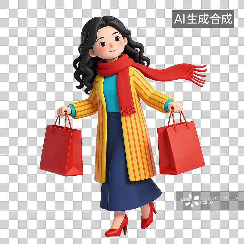 【AI数字艺术】3D立体拿着购物袋和礼盒的女孩元素图片素材