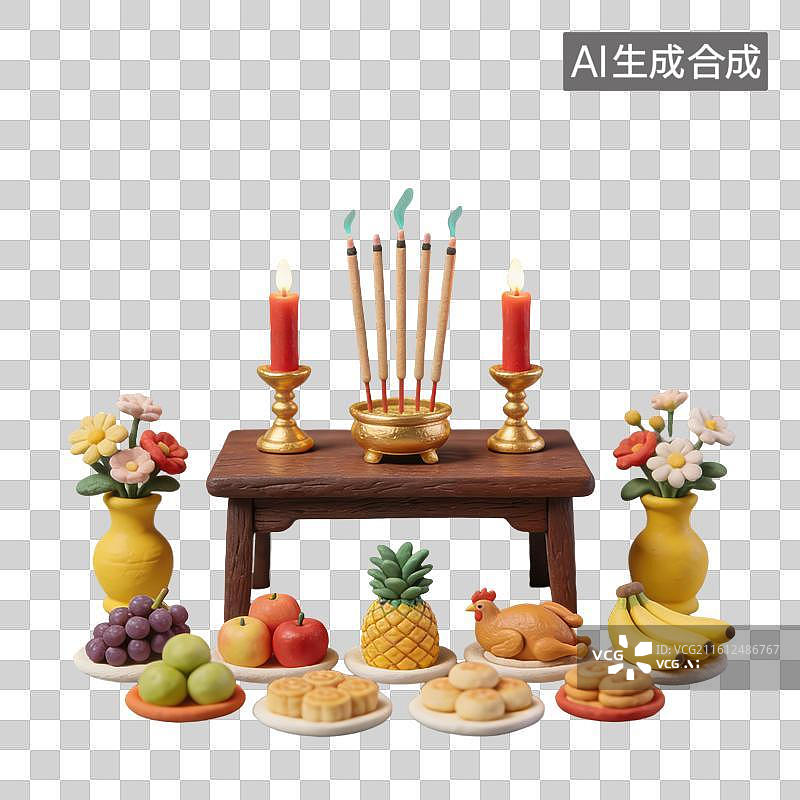 【AI数字艺术】3D立体放着祖先牌位的供桌香炉贡品元素图片素材
