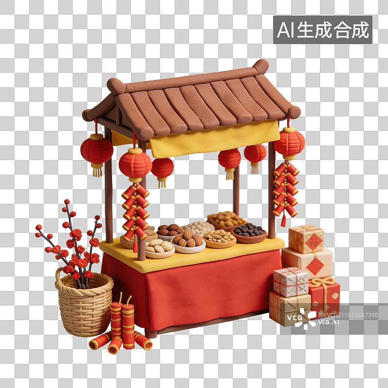 【AI数字艺术】3D立体中国风年货摊位元素图片素材