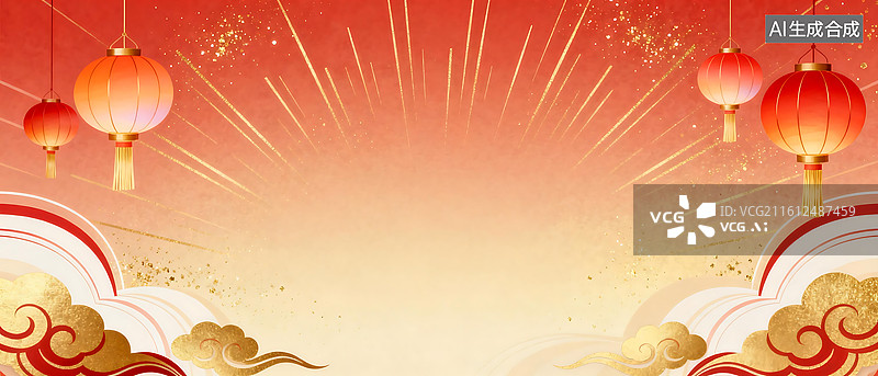 【AI数字艺术】红橙主色灯笼祥云装饰图 金色光纹光斑元素 春节营销活动空白版式物料图片素材