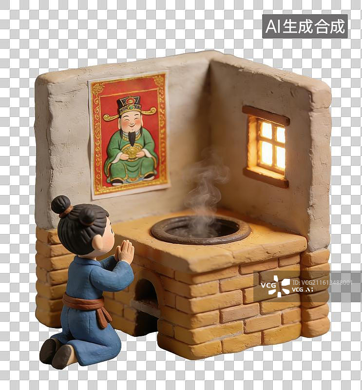 【AI数字艺术】3D立体国风跪拜祭拜柴火灶上的灶王爷元素图片素材