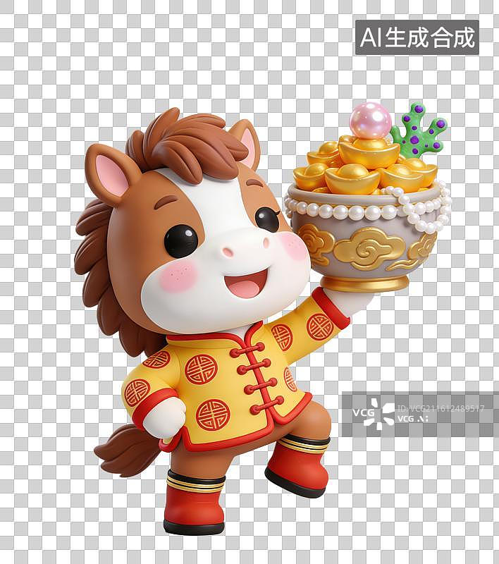 【AI数字艺术】3D立体马年春节拟人马玩偶穿着中式服装拿着装满元宝的聚宝盆元素图片素材