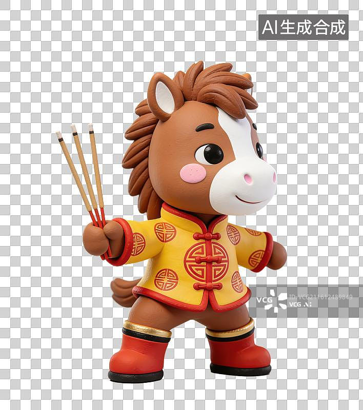 【AI数字艺术】3D立体马年春节拟人马玩偶穿着中式服装拿三支香祭拜祖先神明元素图片素材