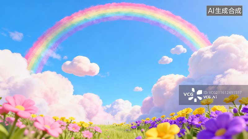【AI数字艺术】彩虹花海粉色云朵蓝天浪漫自然场景图片素材