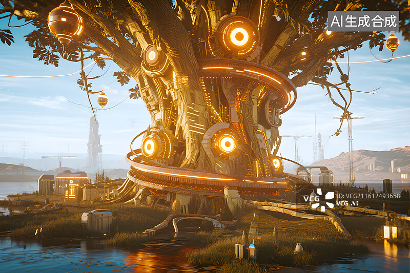 【AI数字艺术】未来城市中的智慧树图片素材