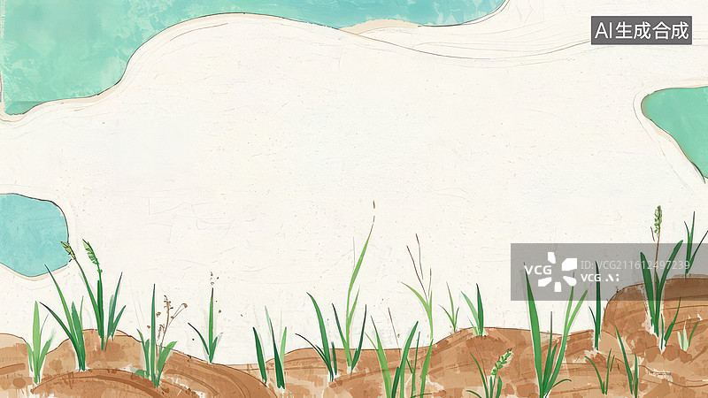 【AI数字艺术】水边草地风景插画图片素材