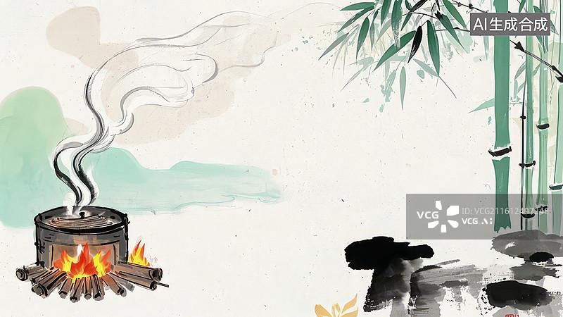 【AI数字艺术】竹林煮茶烟袅袅图片素材
