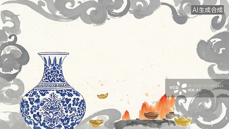 【AI数字艺术】青花瓷瓶与火焰图案图片素材