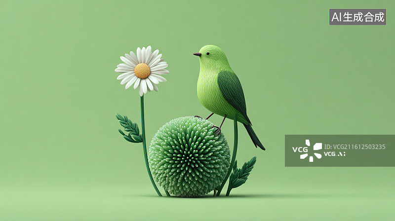 【AI数字艺术】浅绿背景下绿鸟与雏菊萌系装饰场景图片素材