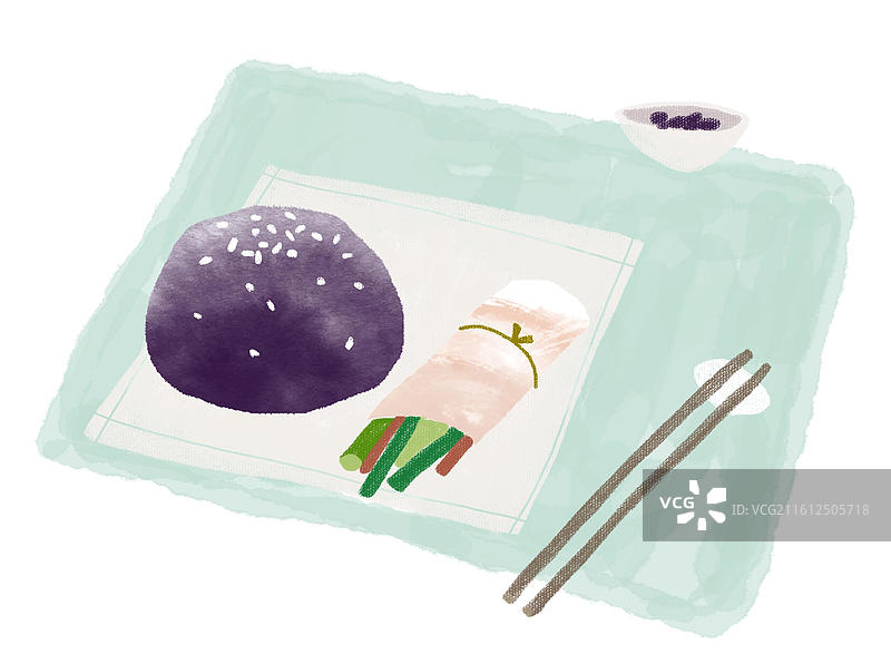 插画水彩颗粒肌理风紫色糯米饭团小时小吃筷子图片素材