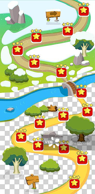 卡通游戏关卡地图模板，带有标记的道路图片素材