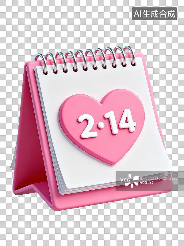 【AI数字艺术】3D渲染免抠图形元素粉色记录本日历本上粉色爱心上面写有数字2.14情人节日期图片素材