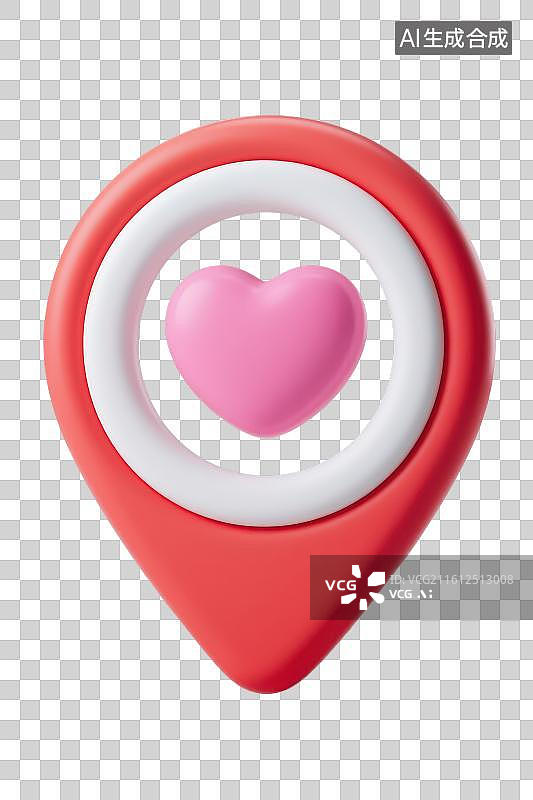 【AI数字艺术】3D渲染免抠图形元素红色定位图标和中间粉色爱心图案图片素材
