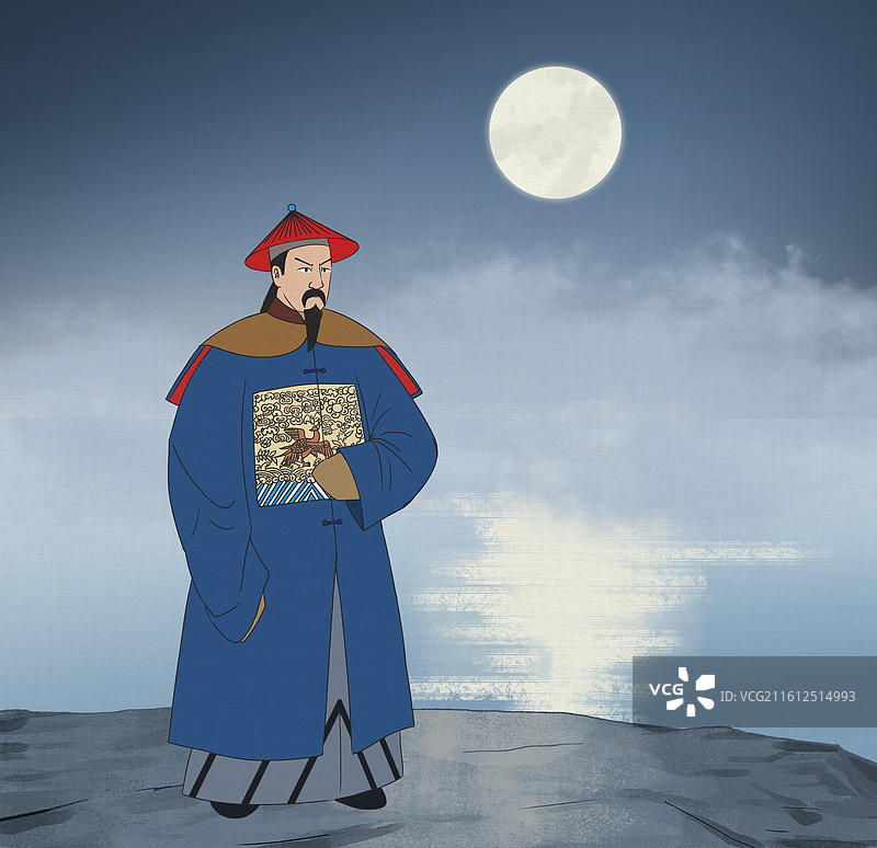 中国风新中式古风古典传统文化国学经典唐诗宋词中国画青绿山水夜晚晚上月光月色古人古时候游山玩水生活插画图片素材